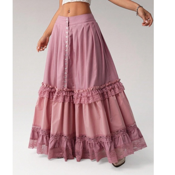 Solid Pink Button. Detail Lace Ruffle hem Flowy Maxi Skirt - Picture 5 of 6